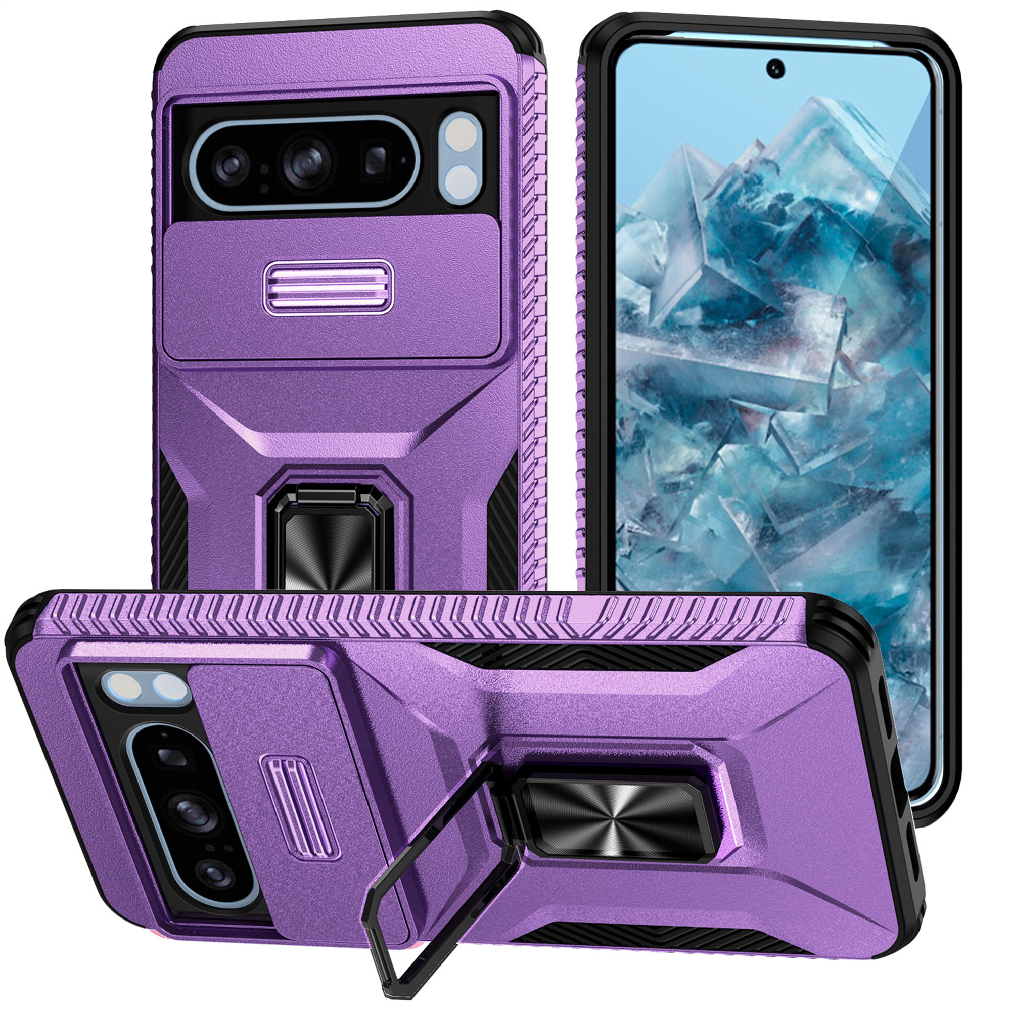 Decase for Google Pixel 8 Pro,Military Grade Google Pixel 8 Pro Phone Case with Screen Protector,Heavy Duty Slide Camera Protector Shockproof Cover Case + Ring Magnetic Car Mount,Purple